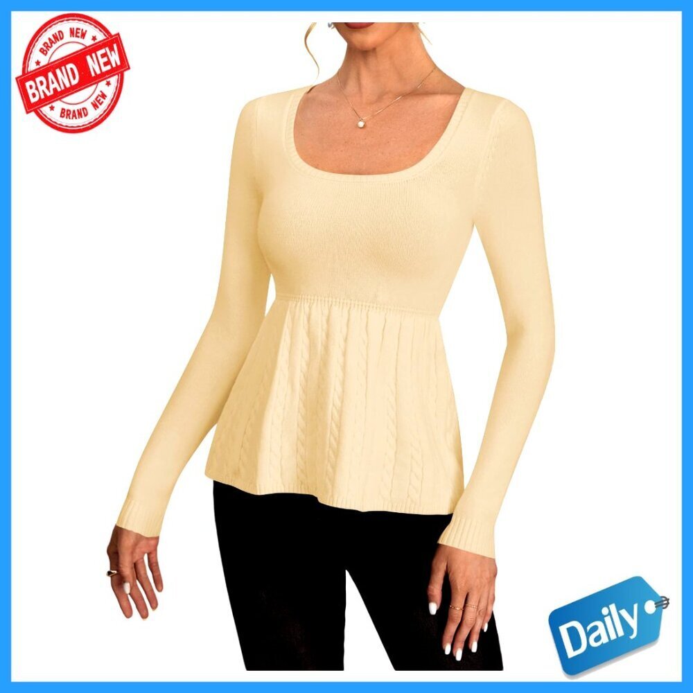 Long Sleeve Scoop Neck Cable Knit Peplum Sweater Pullover Top